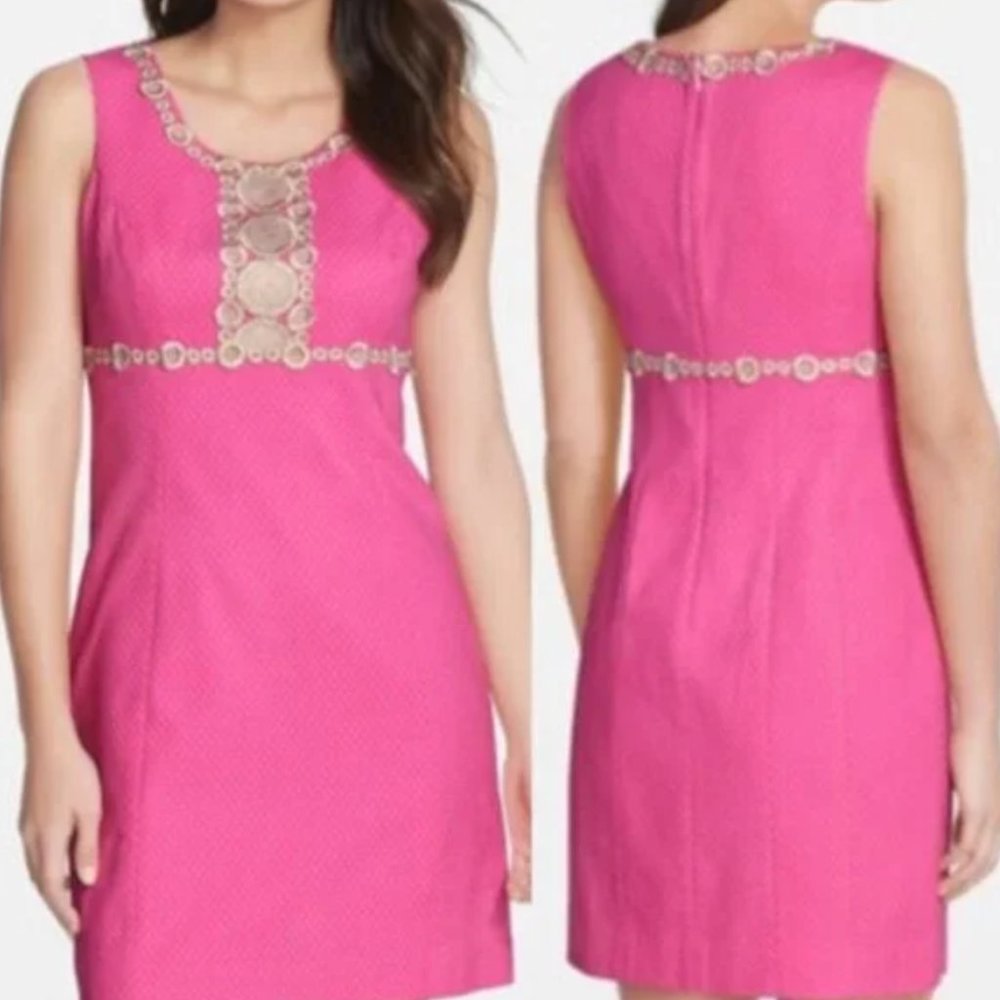 Lilly Pulitzer Women's Rosie Shift Dress Hotty Pink Gold Metallic Trim Size 0